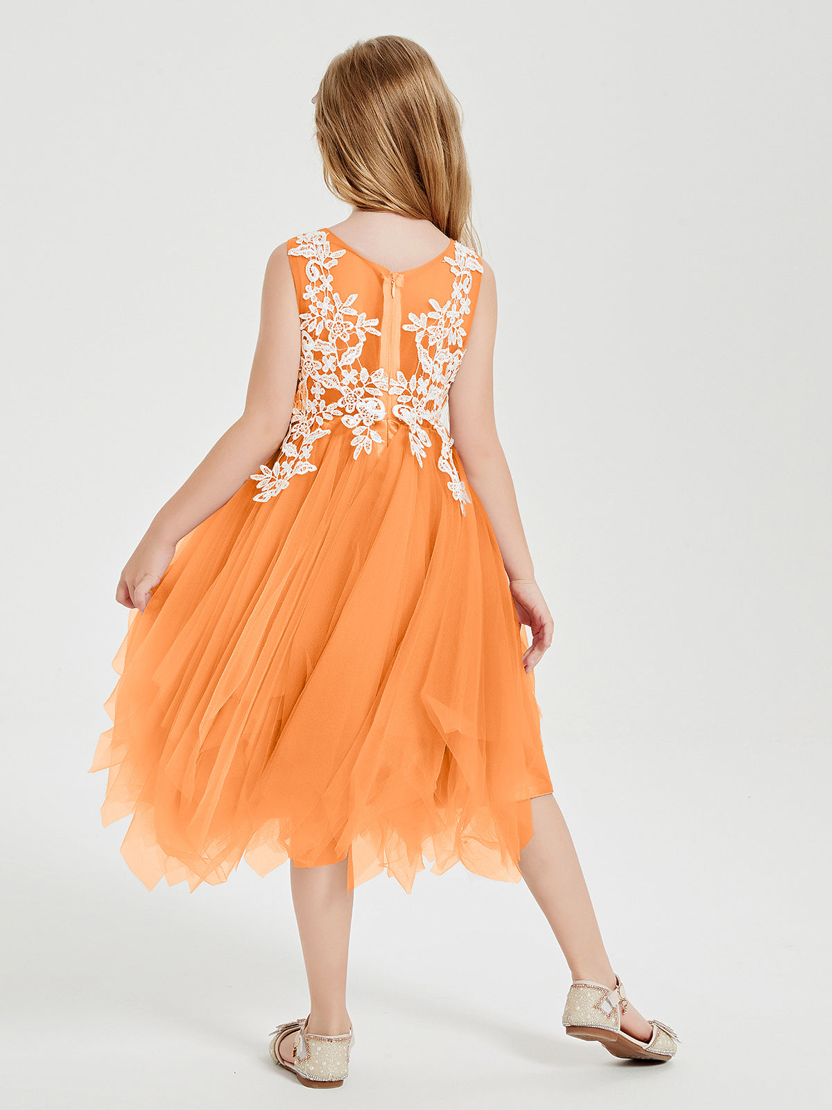 Tea Length Tulle Junior Bridesmaid Dresses Orange